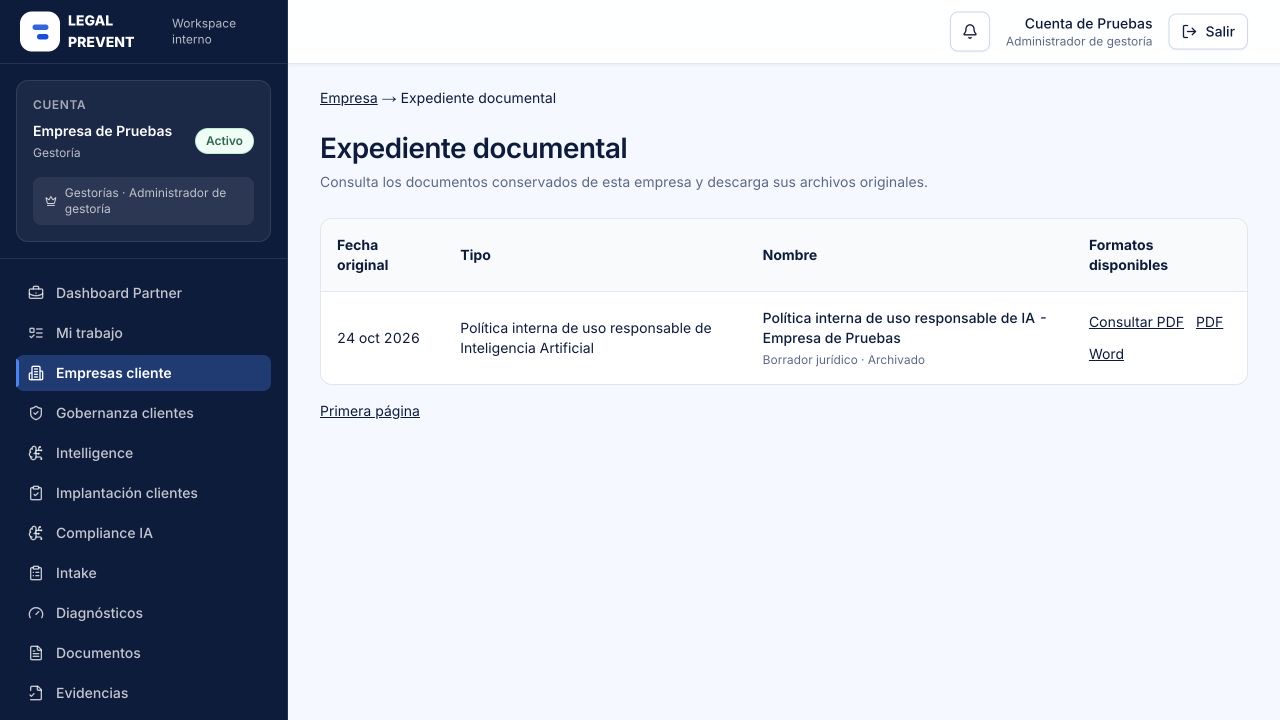 Expediente documental de una empresa con documentos archivados y descarga de originales, en un entorno de pruebas
