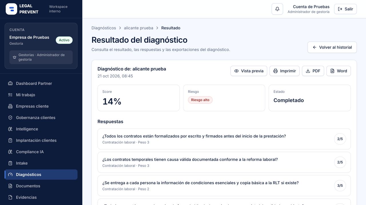 Resultado de un diagnóstico con puntuación, nivel de riesgo y exportación en PDF o Word, en un entorno de pruebas