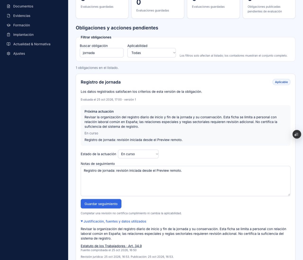Intelligence mostrando una obligación aplicable, su justificación, fuentes y seguimiento, en un entorno de pruebas
